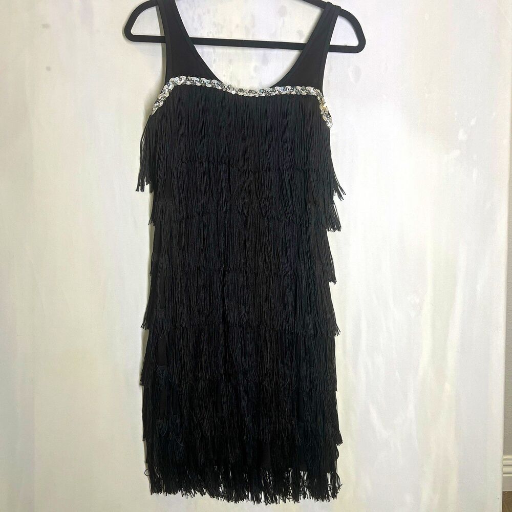 Spirit Halloween Flapper Dress Fringe Sequin Black/Silver Polyester Size Medium